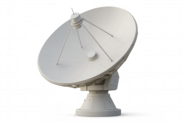 Massive satellite communications antenna receiving wireless transmissions, transparent backdrop