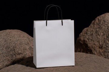 white paper bag mockup on a rock