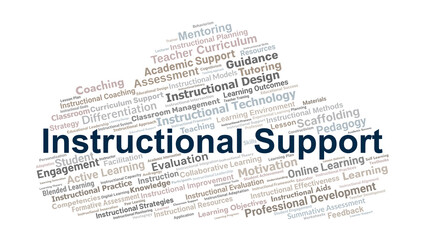 Instructional Support Word Cloud. Key Concepts On Teaching, Learning, Curriculum, Feedback, Pedagogy, Technology, And Educational Guidance For Academic Success.