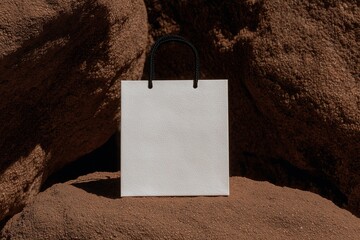 white paper bag mockup on a rock
