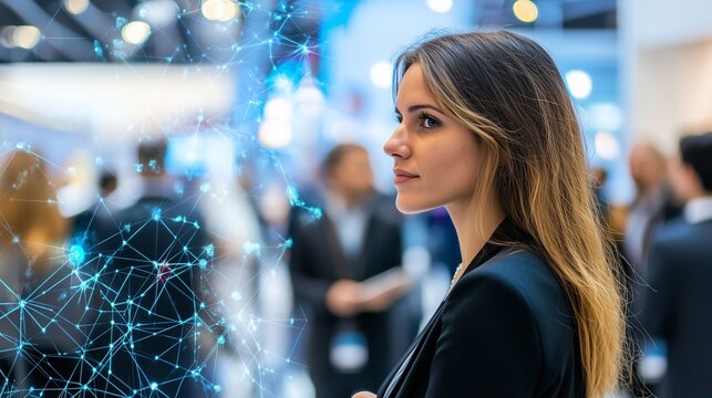 Woman with glasses and network of connections. Trade business networking. A neural network of event ai is a neural network that is generative. A woman wearing glasses who has a web of lifestyle.