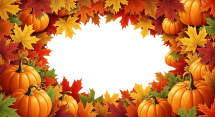 Autumn harvest frame with pumpkins and colorful maple leaves isolated on transparent background