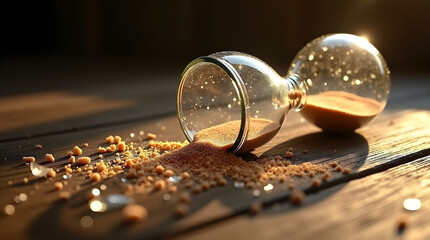 Broken hourglass spilling sand on wooden table at sunset, time is running out