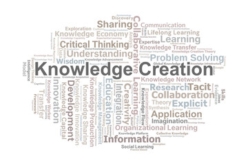 Knowledge Creation Word Cloud. Key Concepts On Innovation, Learning, Research, Management, Collaboration, And Organizational Knowledge Development.