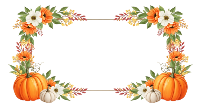 Autumnal floral and pumpkin corner frame border with fall leaves isolated on transparent background
