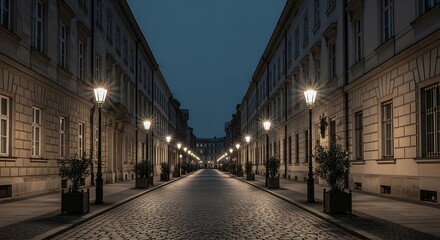 Fototapeta premium A tranquil city street at twilight, illuminated by vintage street lamps, casting a warm glow on the ancient stone buildings.