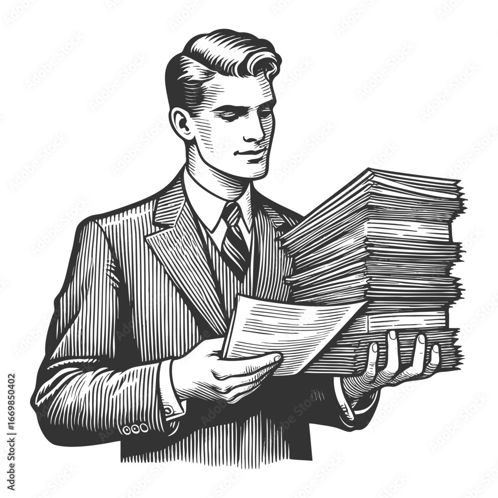 Poster businessman in a suit carrying heavy stack of documents, symbolizing workload and responsibility ske