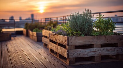 Sunset over urban rooftop garden with wooden planters filled with fresh herbs and greenery in cityscape background