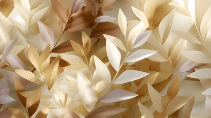 Faceted foliage patterns in Mocha Mousse and creamy undertones, modern minimalism with lightly speckled texture, warm directional lighting, uncluttered open space, vector style, rich saturation