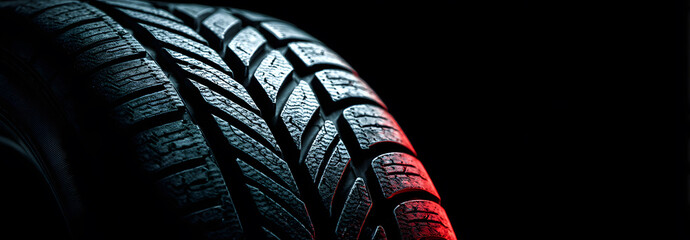 close up of black tire on dark background with copy space, modern automotive texture highlighting tread pattern and structure, design and vehicle engineering