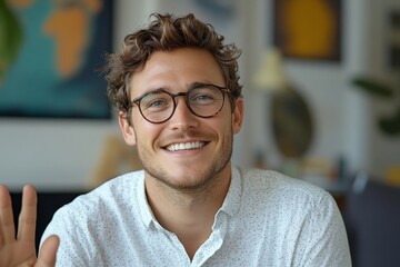 Successful young businessman talking with friends on a video call, smiling and waving at the smartphone camera, engaged in a professional or casual conversation at work or on a break, Generative AI