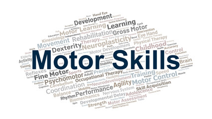 Motor Skills Word Cloud. Key Concepts On Movement, Coordination, Fine And Gross Skills, Development, Therapy, And Cognitive Control In Human Performance.