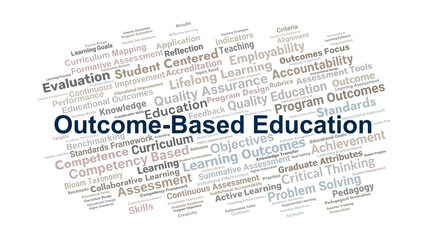 Outcome Based Education Word Cloud. Key Concepts On Competence, Learning, Curriculum, Assessment, Accountability, And Student Centered Instruction For Quality Education.