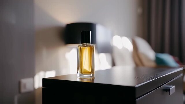 Amber perfume bottle on dark wooden nightstand in a softly lit room