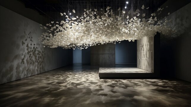 Large-scale installation, light-filled gallery.  Abstract, ethereal forms.  Delicate, white paper-like objects cascade from the ceiling.  