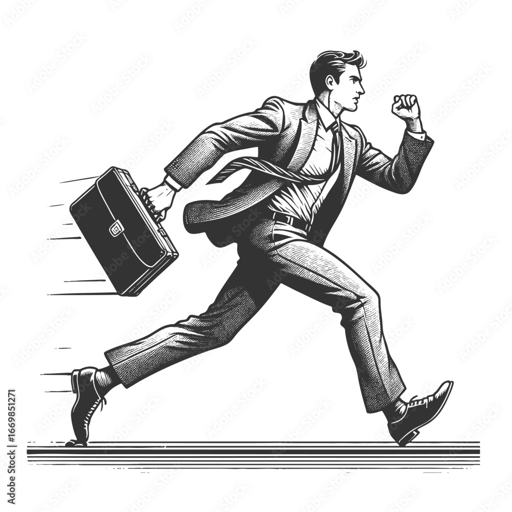 Poster determined businessman in shirt and tie running forward while holding a briefcase sketch engraving g