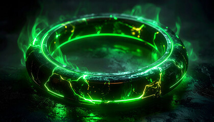 Futuristic cyberpunk-style glowing green neon ring. Vibrant dynamic energy on dark backdrop.