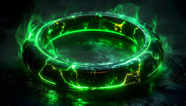 Futuristic cyberpunk-style glowing green neon ring. Vibrant dynamic energy on dark backdrop.