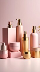 Pink and gold cosmetic products displayed on a pink background
