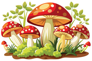 Colorful Cartoon Mushrooms in a Whimsical Forest Scene A Collection of Fantastical Fungi Illustrations