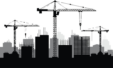 city skyline under construction with highrise cranes and exposed steel framework vector illustration