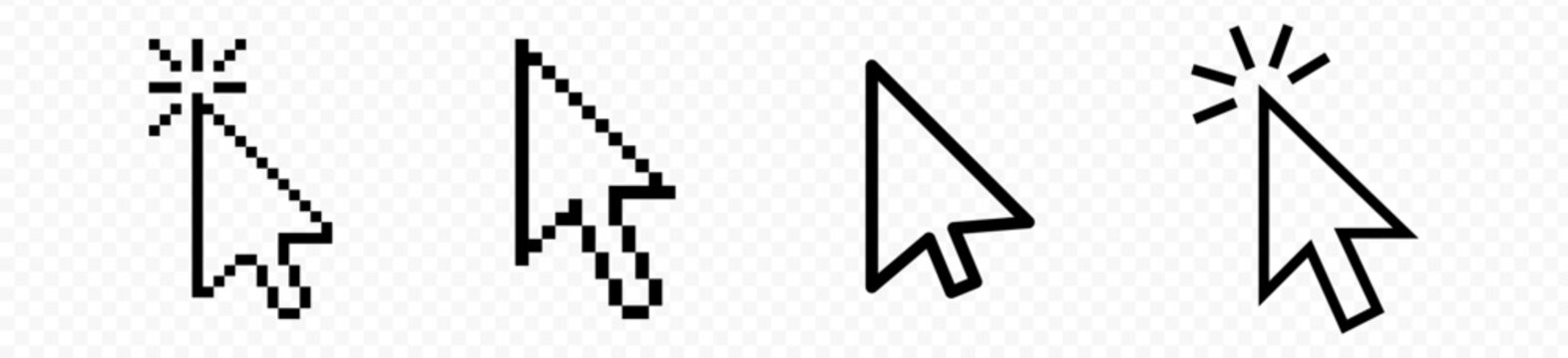 Computer mouse cursor icons. Cursors containing pointer, arrow and hand symbol with pixelated form. Transparent vector illustration.