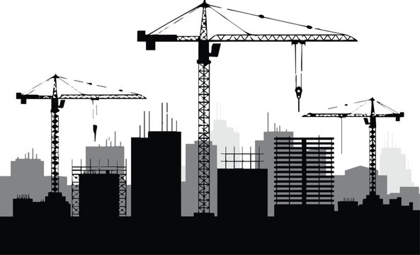 city skyline under construction with highrise cranes and exposed steel framework vector illustration