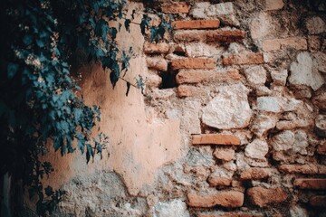 Weathered brick and stone wall with ivy