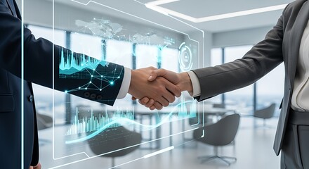 Strategic Business Handshake Over Futuristic Digital Data Interface Illustrating Global Partnership and Technological Integration.