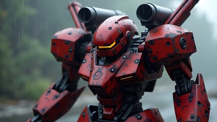 red metallic robot with yellow glowing eyes. instead of one hand he has a built-in axe and instead of the second a machine gun he walks against the background of a destroyed enemy base from the f