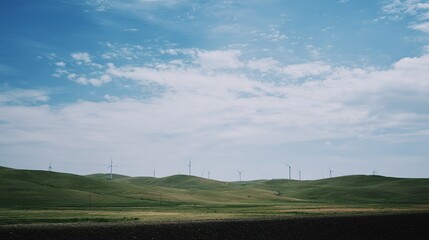 Wind Turbines on Grassland Under Blue Sky and White Clouds