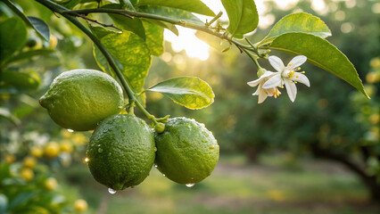 Green Lemon hanging tree with lemon flower in garden, Green Lemon tree in natural warm sunlight background