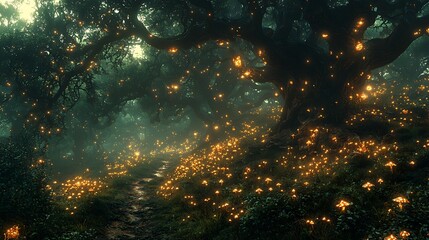 A mist-covered enchanted forest with ancient, twisted trees, glowing mushrooms scattered across the forest floor, soft moonlight filtering through the canopy 