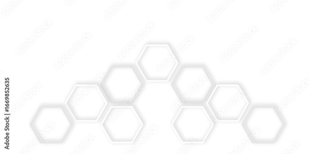 Poster abstract white and gray hexagons with subtle shadows, clean, modern background featuring a repeating