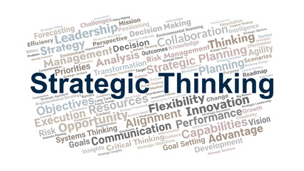 Strategic Thinking Word Cloud. Key Concepts On Planning, Leadership, Decision Making, Risk, Innovation, And Organizational Strategy For Long Term Success.