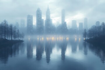Naklejka premium Foggy skyline reflected in water with city lights glowing softly at dawn