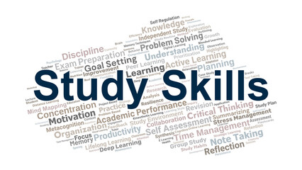 Study Skills Word Cloud. Essential Concepts Of Learning, Memory, Motivation, Time Management, Critical Thinking, And Academic Performance For Effective Education.