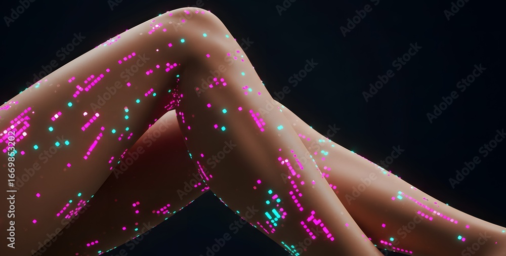 Poster abstract legs with neon patterns and digital artifacts on a dark background