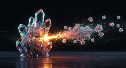 Futuristic crystal technology emitting a powerful energy beam to destroy and neutralize a dangerous virus or bacterial infection