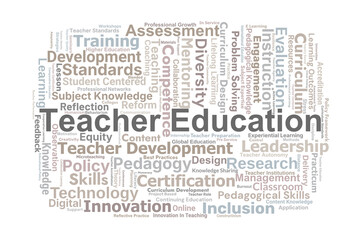 Teacher Education Word Cloud. Key Concepts On Pedagogy, Curriculum, Training, Professional Development, Teaching Standards, And Educational Policy.