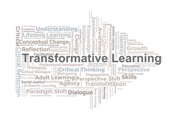 Transformative Learning Word Cloud. Key Concepts On Reflection, Perspective, Critical Thinking, Empowerment, Social Change, And Educational Development.