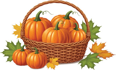 Harvest pumpkins in a woven basket with colorful autumn leaves for thanksgiving day