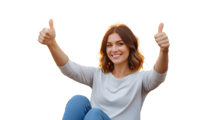 Woman raising hands with thumbs up sitting on a bench 