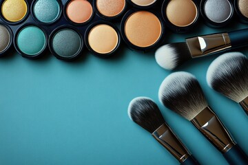 Colorful makeup layout with brushes and eyeshadows on a blue background for advertising