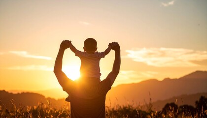 Fototapeta premium A touching silhouette of a man holding a child on his shoulders, set against a dramatic sunset sky. The figures are in sharp contrast, with the child’s arms joyfully outstretched.
