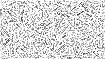 Guitar word cloud in multiple languages arranged diagonally on white background for poster, infographic, or presentation