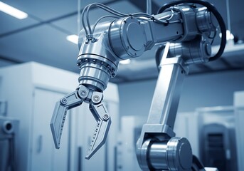 A close-up of a sophisticated robotic arm, showcasing intricate metal components and precision engineering in a modern industrial setting.