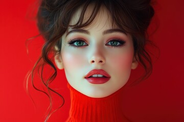 Vibrant red backdrop highlights a model showcasing stunning makeup artistry