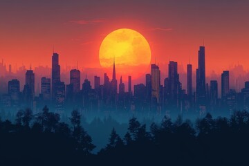 Stunning sunset over a city skyline enhances the vibrant hues of dusk