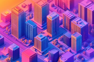 Bright and colorful graphic layout of a modern cityscape at sunset